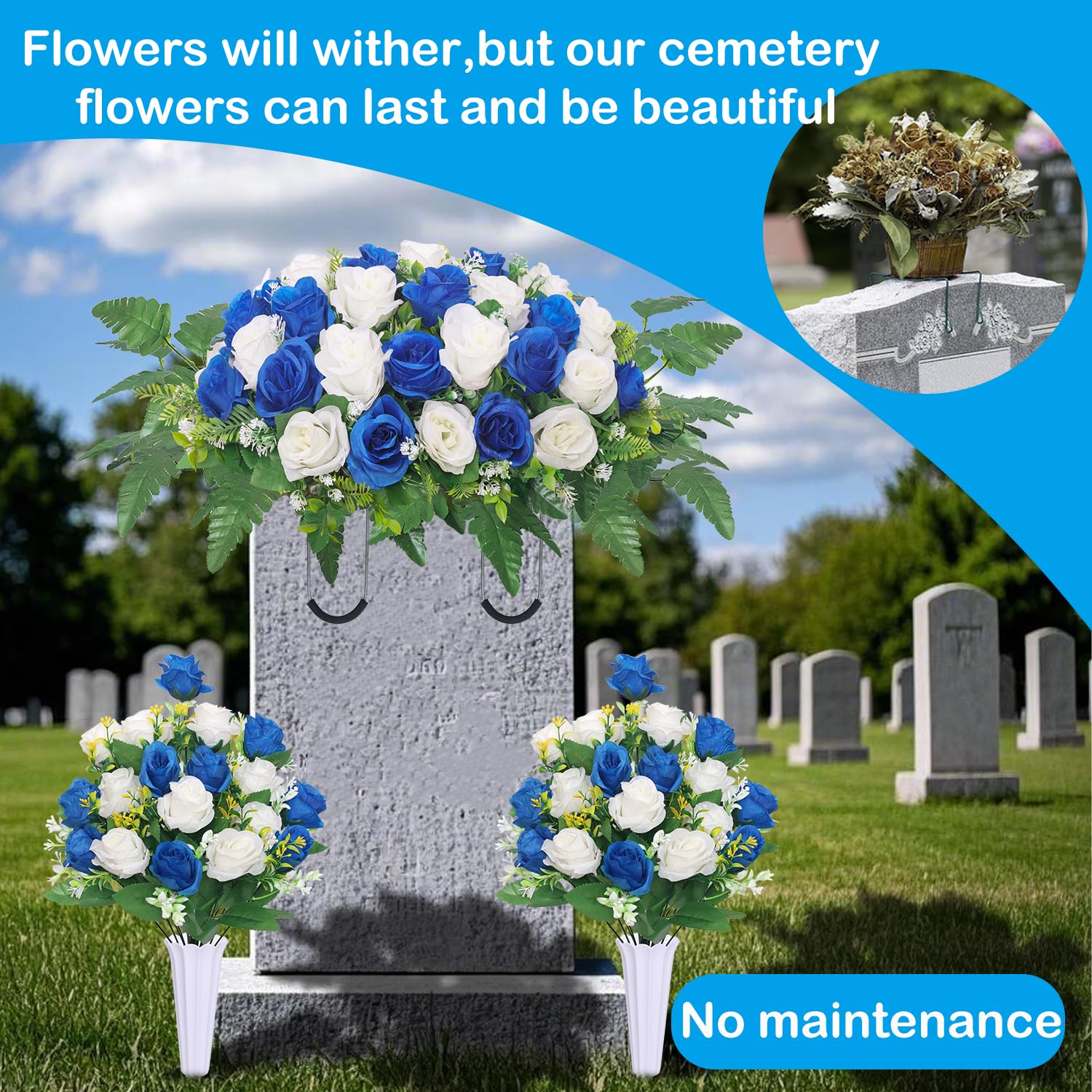 Artificial Cemetery Flower Saddles, Cemetery Memorial Flowers With Vase For Grave Tombstone Decorations,Artificial Rose Bouquet Grave Memorial Flowers (Blue White)