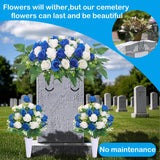 Artificial Cemetery Flower Saddles, Cemetery Memorial Flowers With Vase For Grave Tombstone Decorations,Artificial Rose Bouquet Grave Memorial Flowers (Blue White)