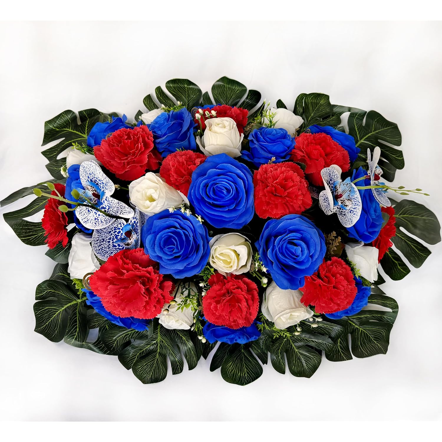 Artificial Cemetery Flowers - Headstone Flower Saddle -Memorial Day Flower For Grave Decorations - Realistic Vibrant Roses Carnation