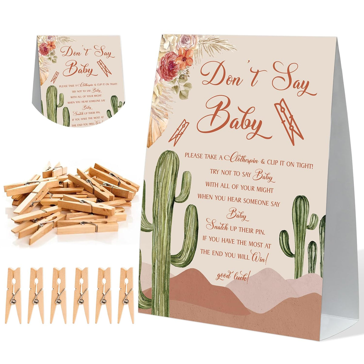 Dont Say Baby Baby Shower Game, Cactus Baby Shower Sign And 50 Clothespins, Gender Reveal Games, Baby Shower Centerpieces, For Gender Reveal Party, Baby Shower,5