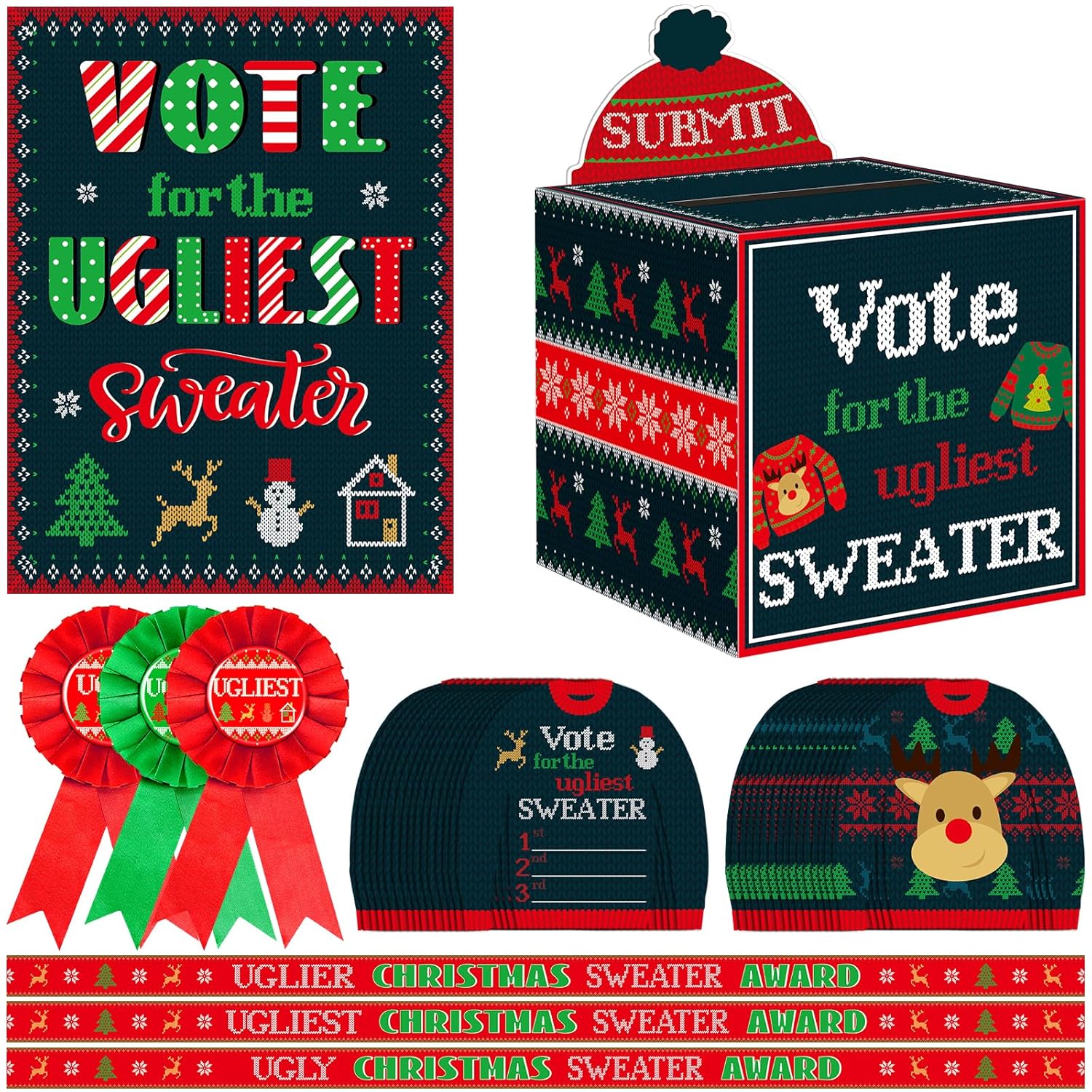 68Pcs Christmas Ugly Sweater Party Voting Cards Sets Supplies With Contest Ballot Box Voting Cards Award Sashes Medal Badges Trophy Games Decorations For Winter Xmas Holiday New Year Party Favors