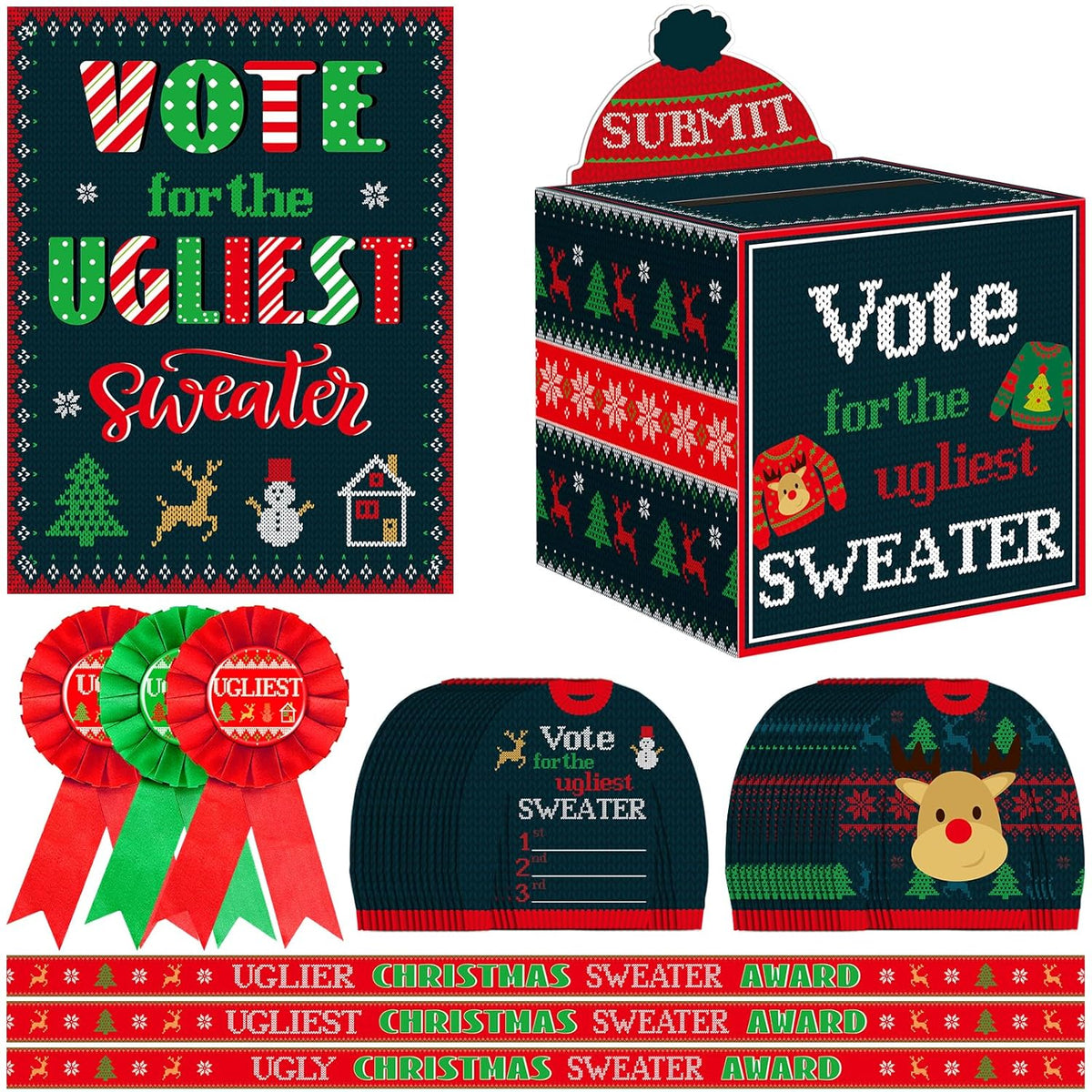68Pcs Christmas Ugly Sweater Party Voting Cards Sets Supplies With Contest Ballot Box Voting Cards Award Sashes Medal Badges Trophy Games Decorations For Winter Xmas Holiday New Year Party Favors