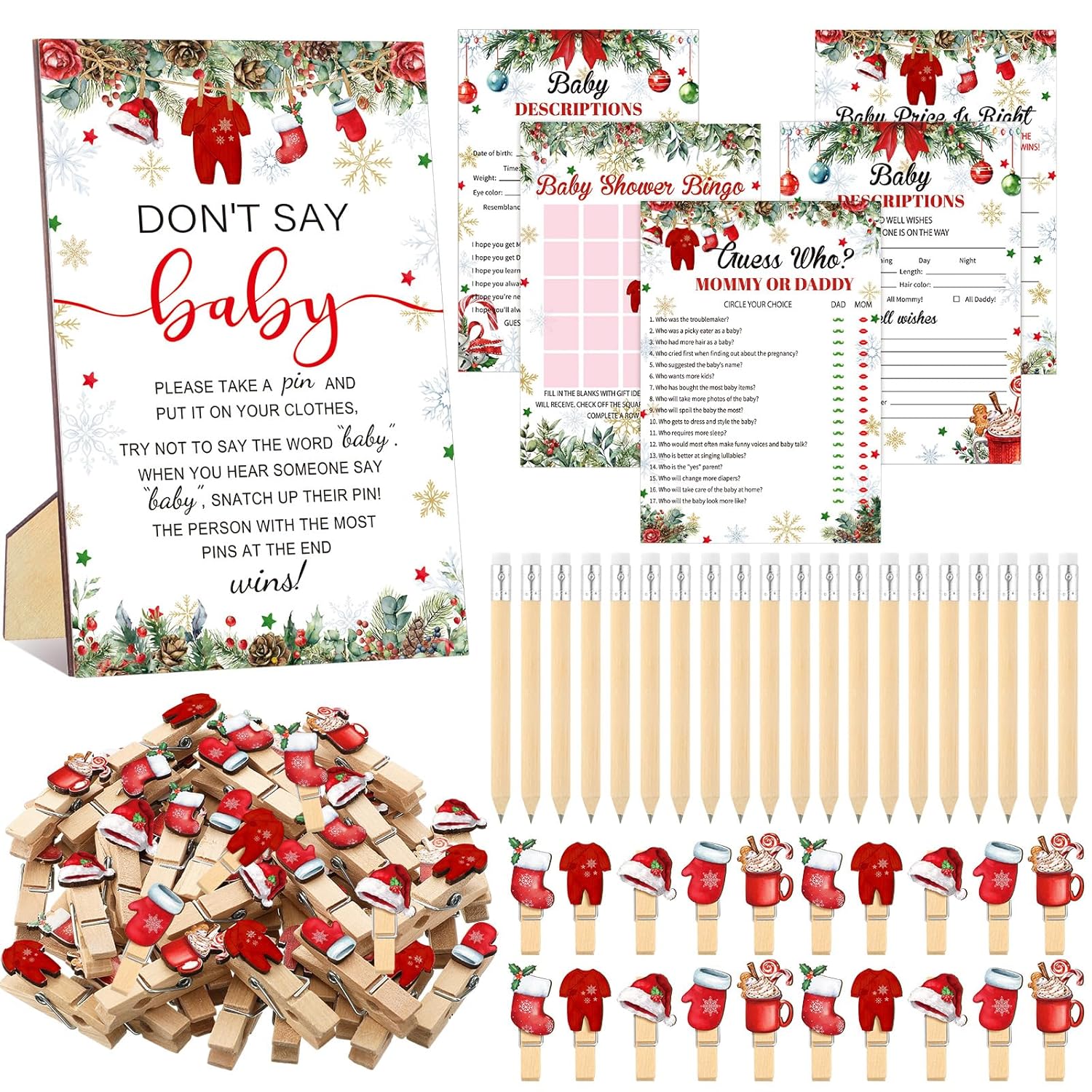 321 Pcs Christmas Santa Baby Shower Game Supplies Include 250 Activity Cards 20 Pencils 1 Don'T Say Baby Sign 50 Clothespins For Price Is Right Prediction Bingo Game Party Decor