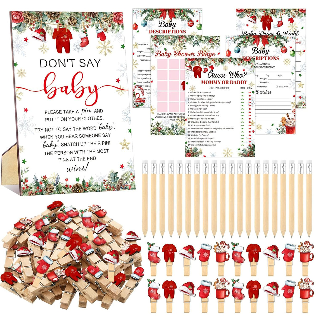321 Pcs Christmas Santa Baby Shower Game Supplies Include 250 Activity Cards 20 Pencils 1 Don'T Say Baby Sign 50 Clothespins For Price Is Right Prediction Bingo Game Party Decor