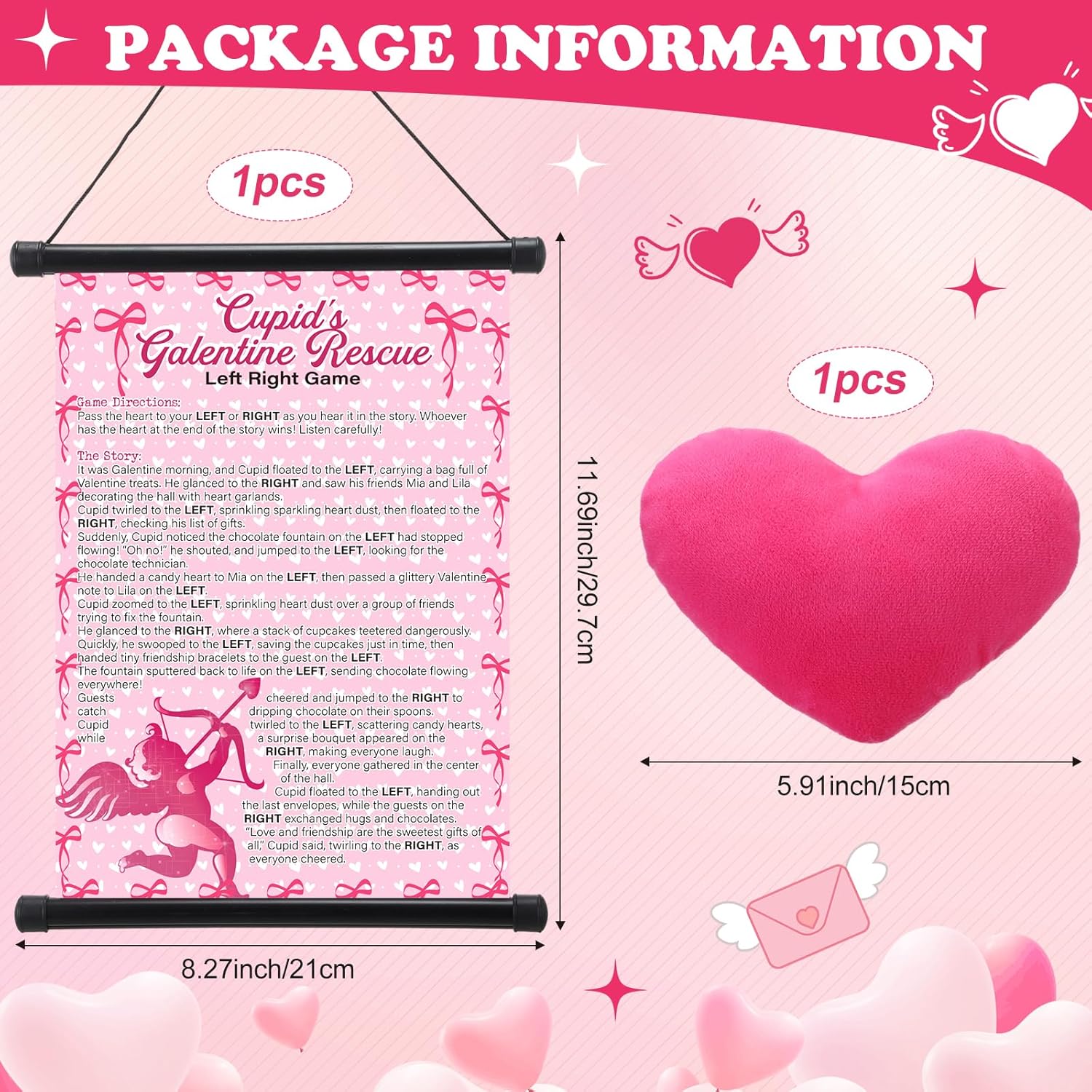 Galentine'S Day Party Game Pass The Heart Game Galentines Left Right Story Hanging Scroll With Plush Heart Valentine'S Gift For Women Besties Adults Party Supplies Activities Challenge Prizes