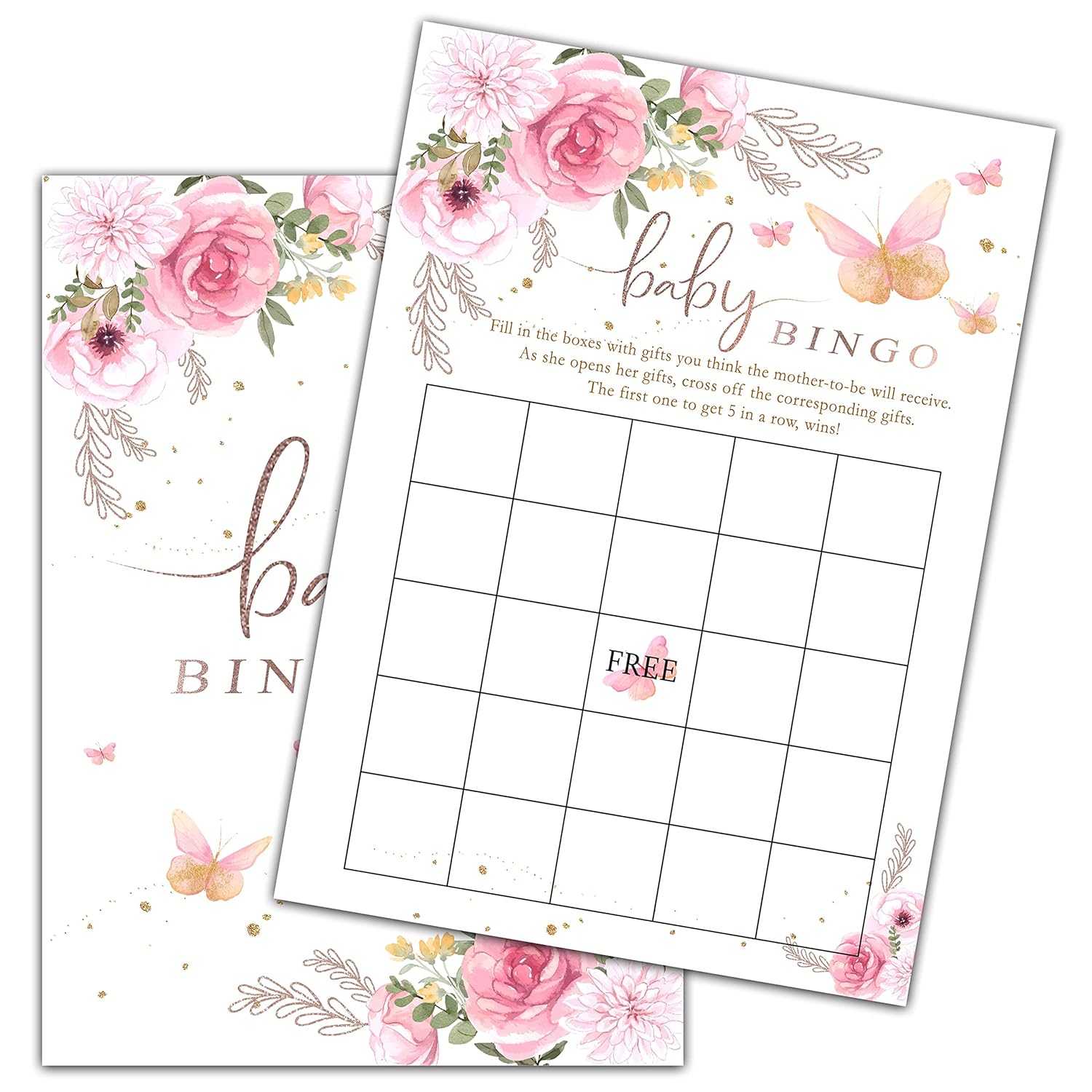 Butterfly Baby Shower Game, Baby Shower Bingo Party Game, Blush Pink Floral Theme Gender Reveal Party Games, Baby Shower Party Activities & Decorations -30 Game Cards(03)