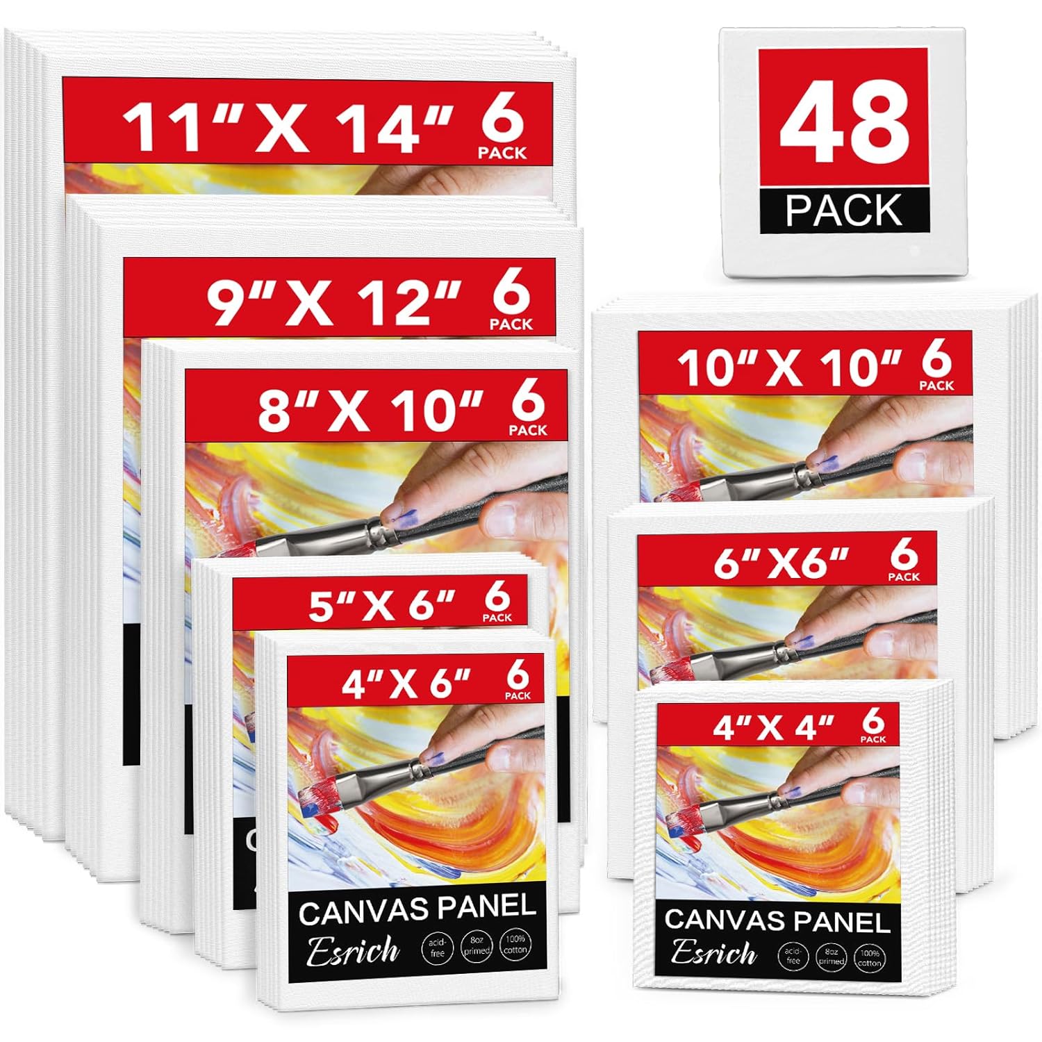 48 Pack Canvas Boards For Painting, 6Pcs Of 4X4, 4X6, 5X6, 6X6, 8X10, 10X10, 9X12, 11X14 Canvas For Painting, Cotton Primed Blank Painting Canvas Panels For Oil, Acrylic, Watercolor