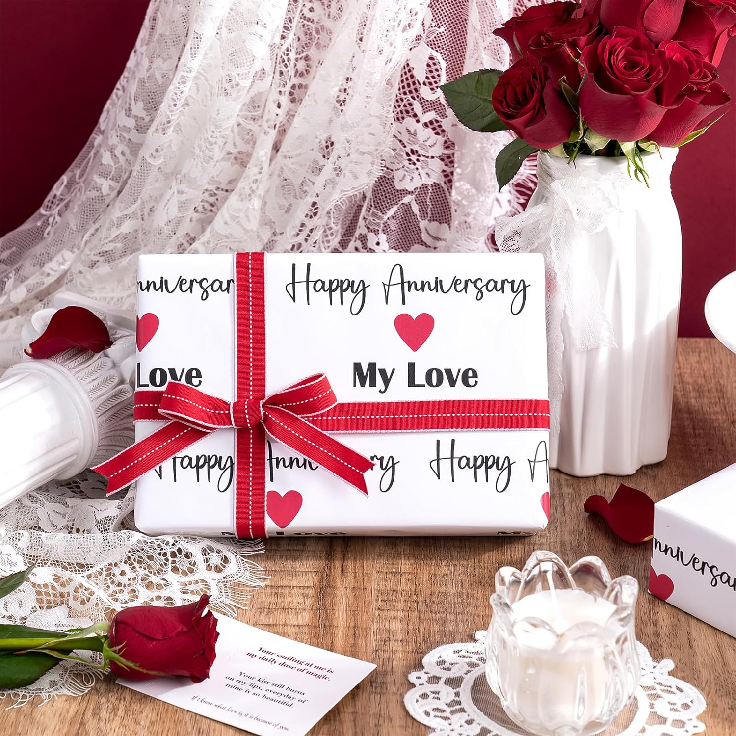 Anniversary Wrapping Paper Roll - Mini Roll - 17 Inch X 16.5 Feet - Happy Anniversary My Love Lettering With Red Love Design, Perfect For Wedding, Bride, Betrothal Party