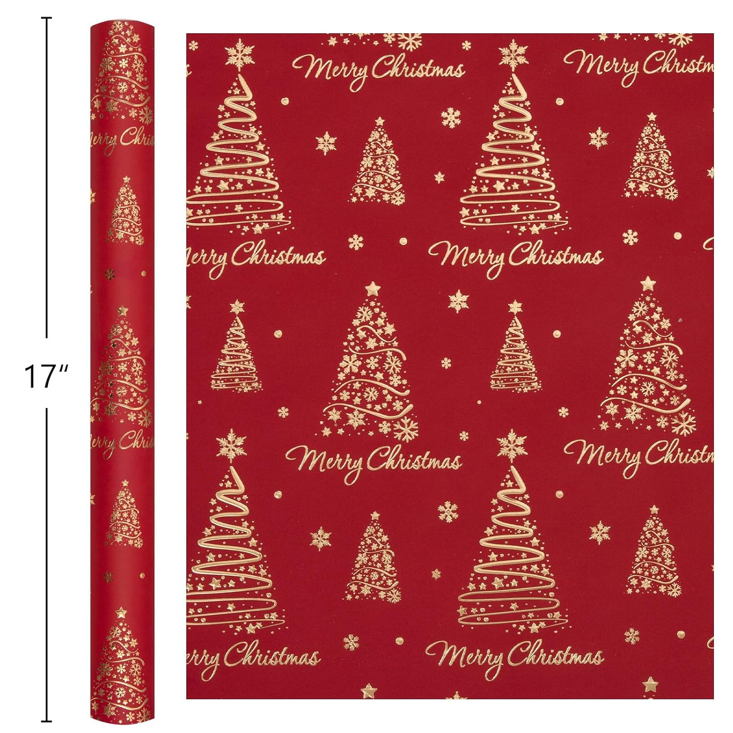 Red Wrapping Paper,Metallic Gold Foil Christmas Trees Design, Festive Gift Wrap For Christmas, Holiday, Party, Celebration (17 Inch X 33 Feet)