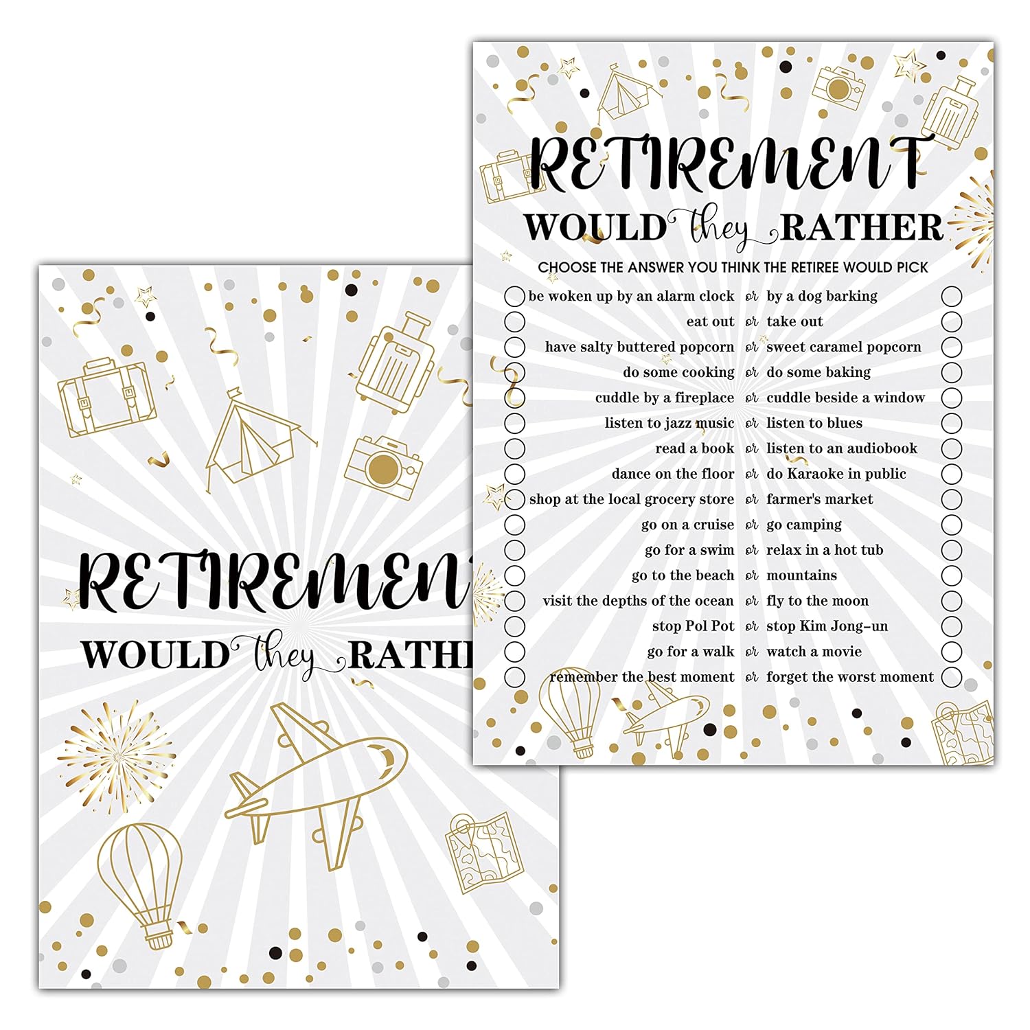 Retirement Party Games, Would They Rather Co-Worker Retirement Party Game Card, Gold Foil Retirement Party Ideas Activities Supplies Decorations(30 Game Cards) - A04