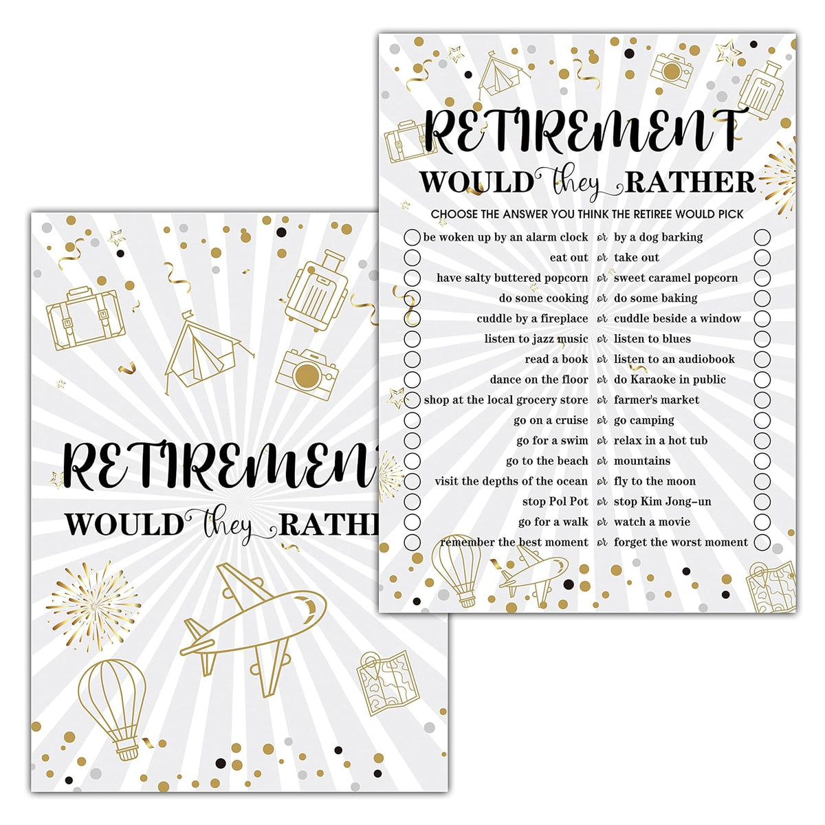 Retirement Party Games, Would They Rather Co-Worker Retirement Party Game Card, Gold Foil Retirement Party Ideas Activities Supplies Decorations(30 Game Cards) - A04