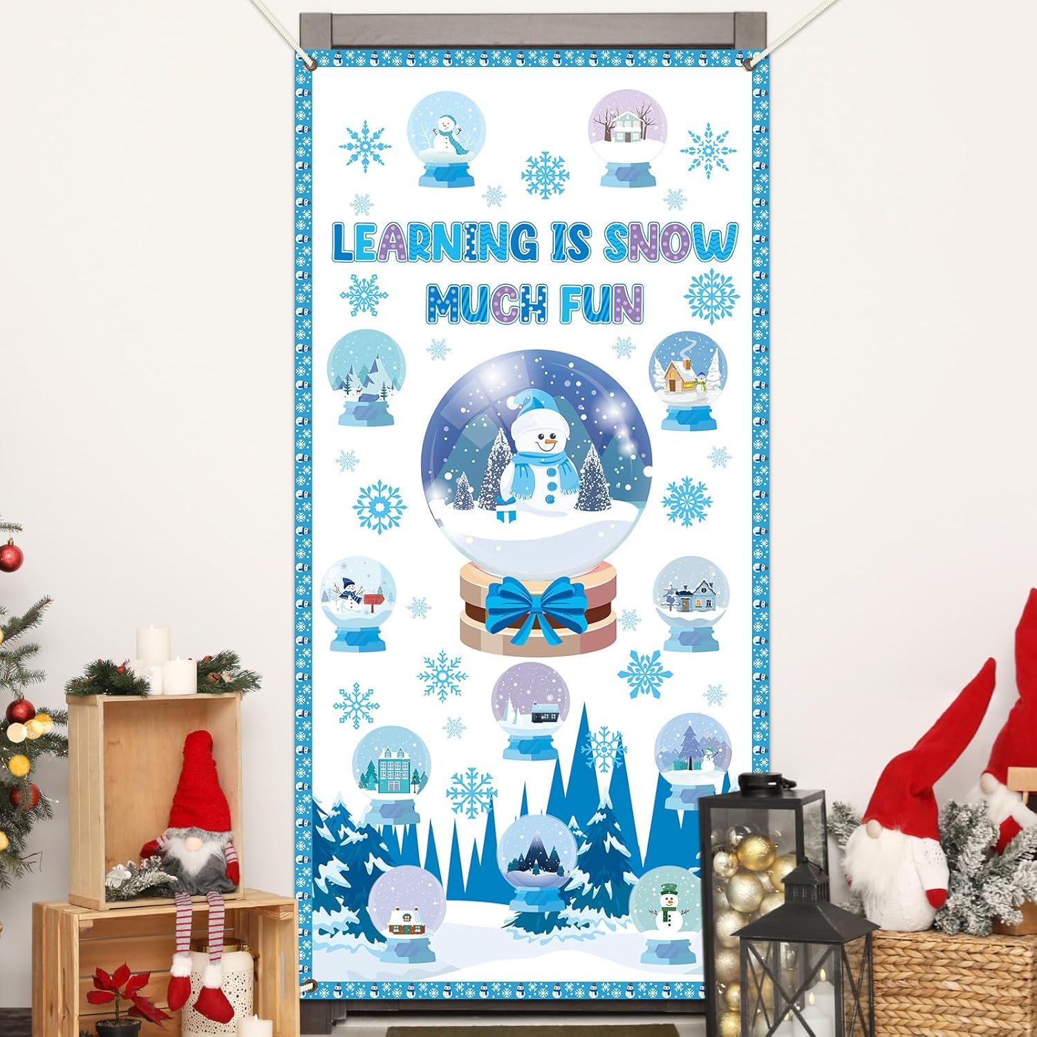 Winter Christmas Door Cover Decoration Classroom Snow Globe Snowflakes Banner Xmas Hanging Decor For Front Door Porch Holiday School Party Supplies (Learning Is Snow Much Fun)