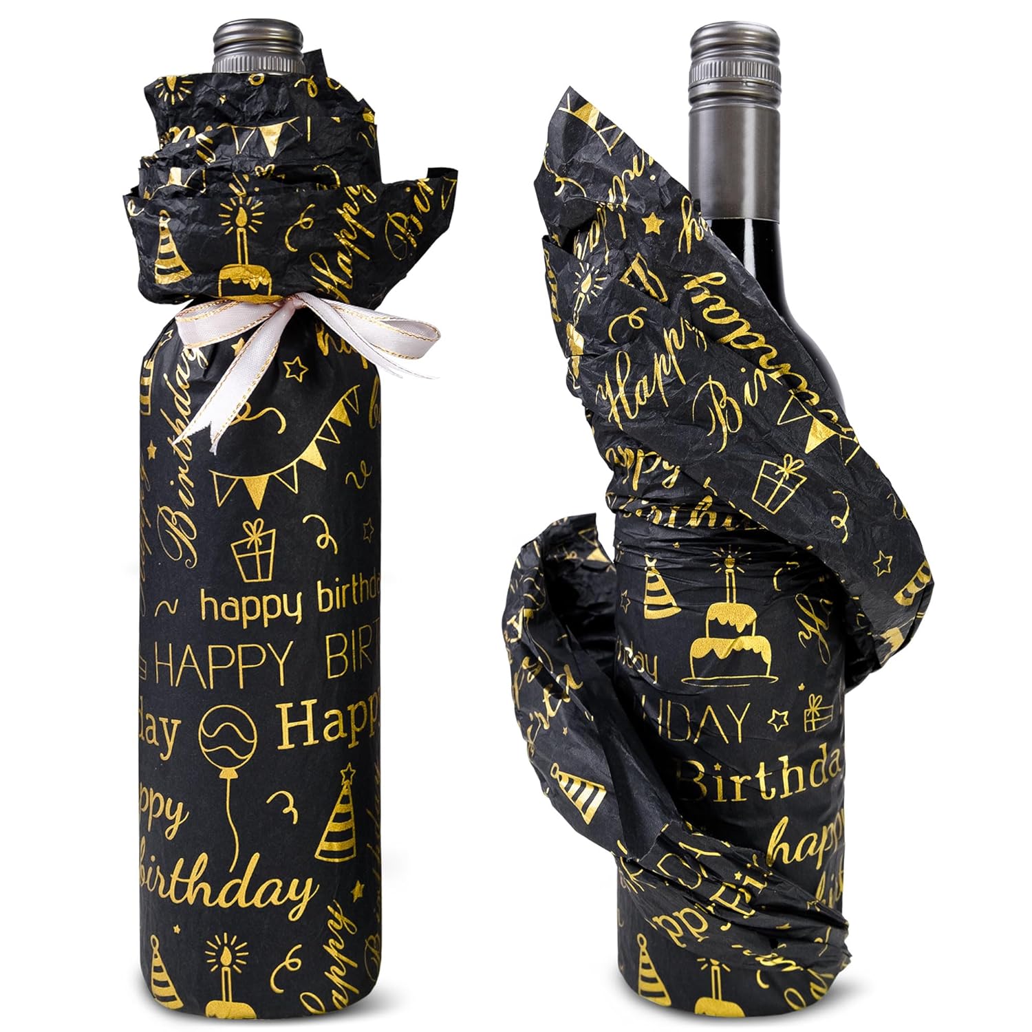 100 Sheets Black & Gold Birthday Tissue Paper - 20" X 14", Happy Birthday Design For Gift Bags & Parties