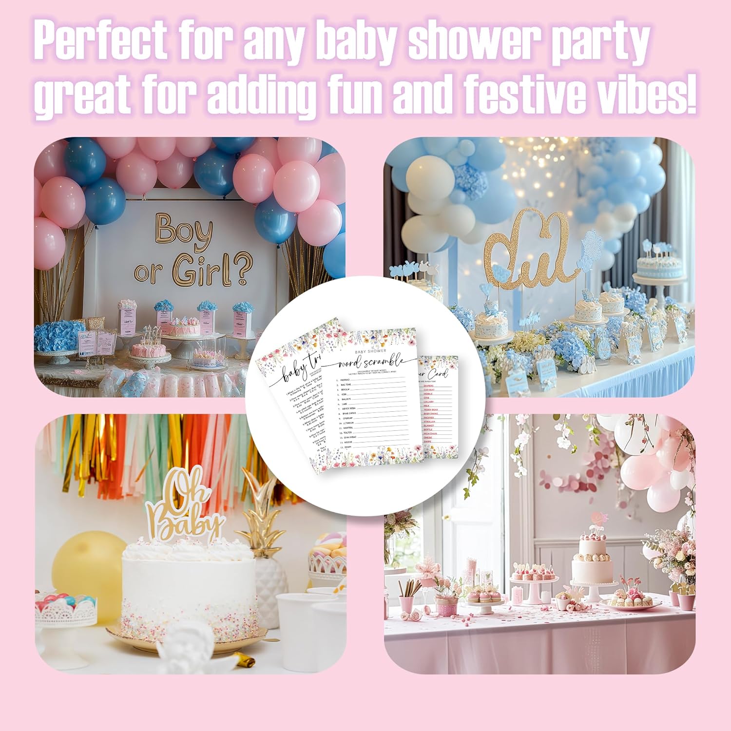 Wild Floral Baby Shower Game - Word Scramble,Baby Trivia-2 Games, 30 Pcs Double Sided Theme Game Cards With 1 Answer Card For Boy Girl, Gender Reveal Games, Baby Shower Favor And Decorations - A06