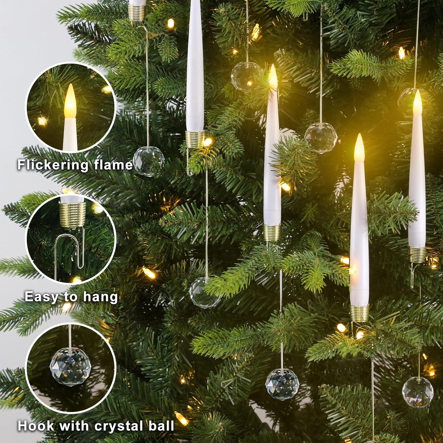 Christmas Tree Candles With Magic Wand 12 Pack Flameless Candles For Christmas Tree Flickering Battery Operated Led Candle For Holiday Home Party Decor With Crystal Ball Hook