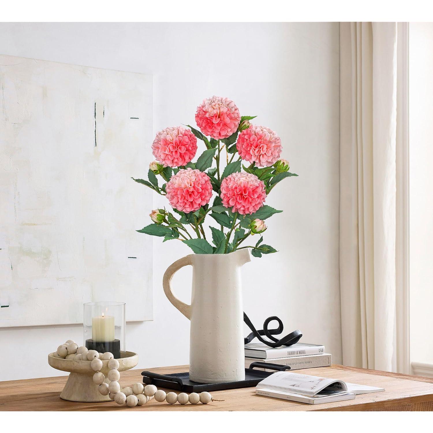 5Pcs Dahlia Artificial Flowers 24.8" Pink Fake Ball Dahlias Silk Flowers Faux Roses Flower With Long Stems For Diy Wedding Bouquets Table Centerpieces Arrangements Bridal Party Home Decor