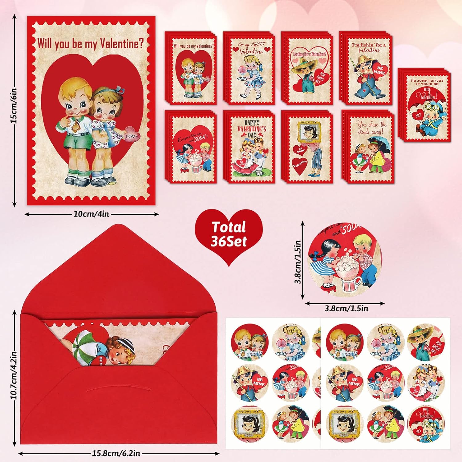 36 Pack Vintage Valentine'S Day Greeting Cards Retro Boys Girls Prints Note Cards With Red Envelopes Stickers 4 X 6 Inch Blank Note Cards For Wedding Anniversary Supplies, 9 Design