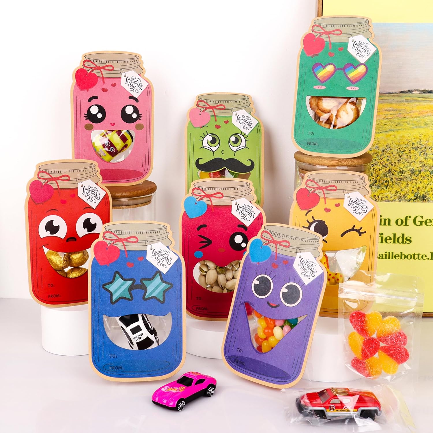 Valentines Day Cards For Kids School – 48 Pack Funny Face Mason Jar Valentine Gift Cards With Treat Bags, Classroom Exchange Cards For Boys Girls Toddlers & Friends (Candy Not Included)