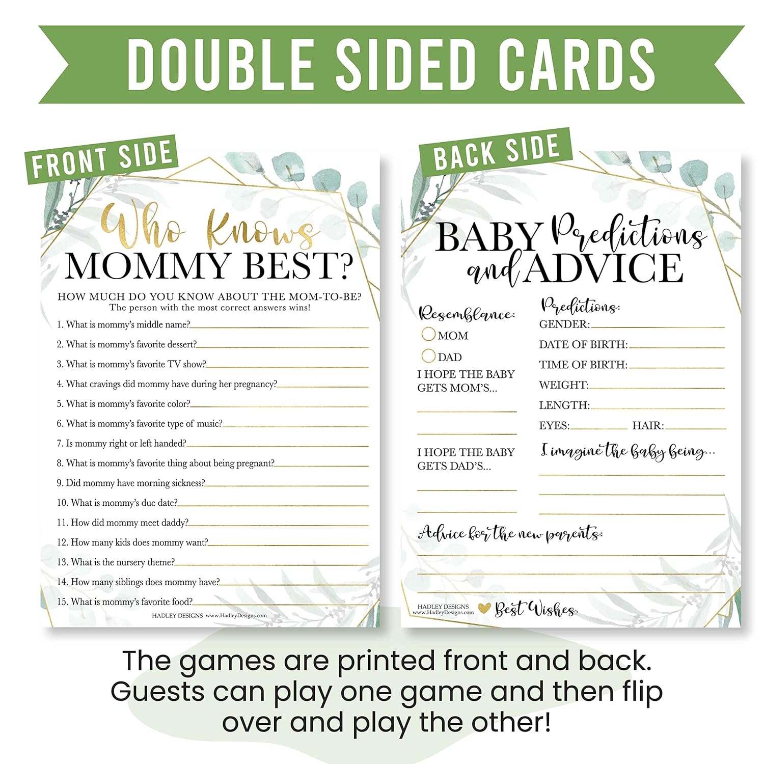 Hilarious Baby Shower Games Set – 75 Double-Sided Cards For 25 To 75 Guests, 6 Games, Predictions, Who Knows Mommy, Beer Belly Or Baby Bump, Gender Neutral And Fun For Boys & Girls (Greenery)