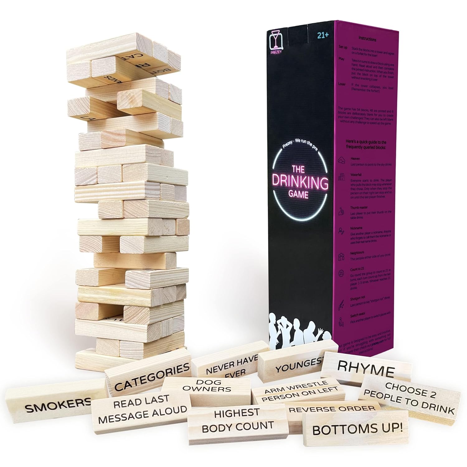 The Drinking Game - The Ultimate Pregame Drink Tower For Parties - 54 Stack It Blocks With Unique Dares, Friendsgiving Games, Funny White Elephant Gifts, Dirty Santa Gifts, Holiday Games