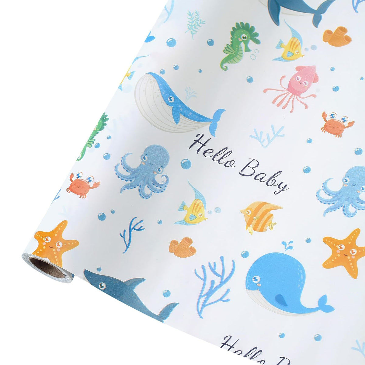 Blue Baby Wrapping Paper Roll-17 Inches X 32.8 Feet, Mini Roll, Sea Creatures Design Wrap Paper For Baby Shower, Boys' Birthday Party, Newborn, New Moms, Little One, 1St Baby, 1 Roll