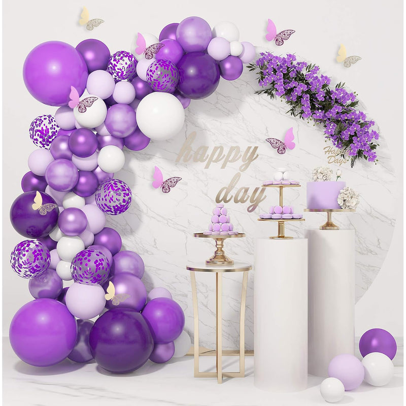 124Pcs Purple Balloons Garland Arch Kit White Purple Confetti Latex Me