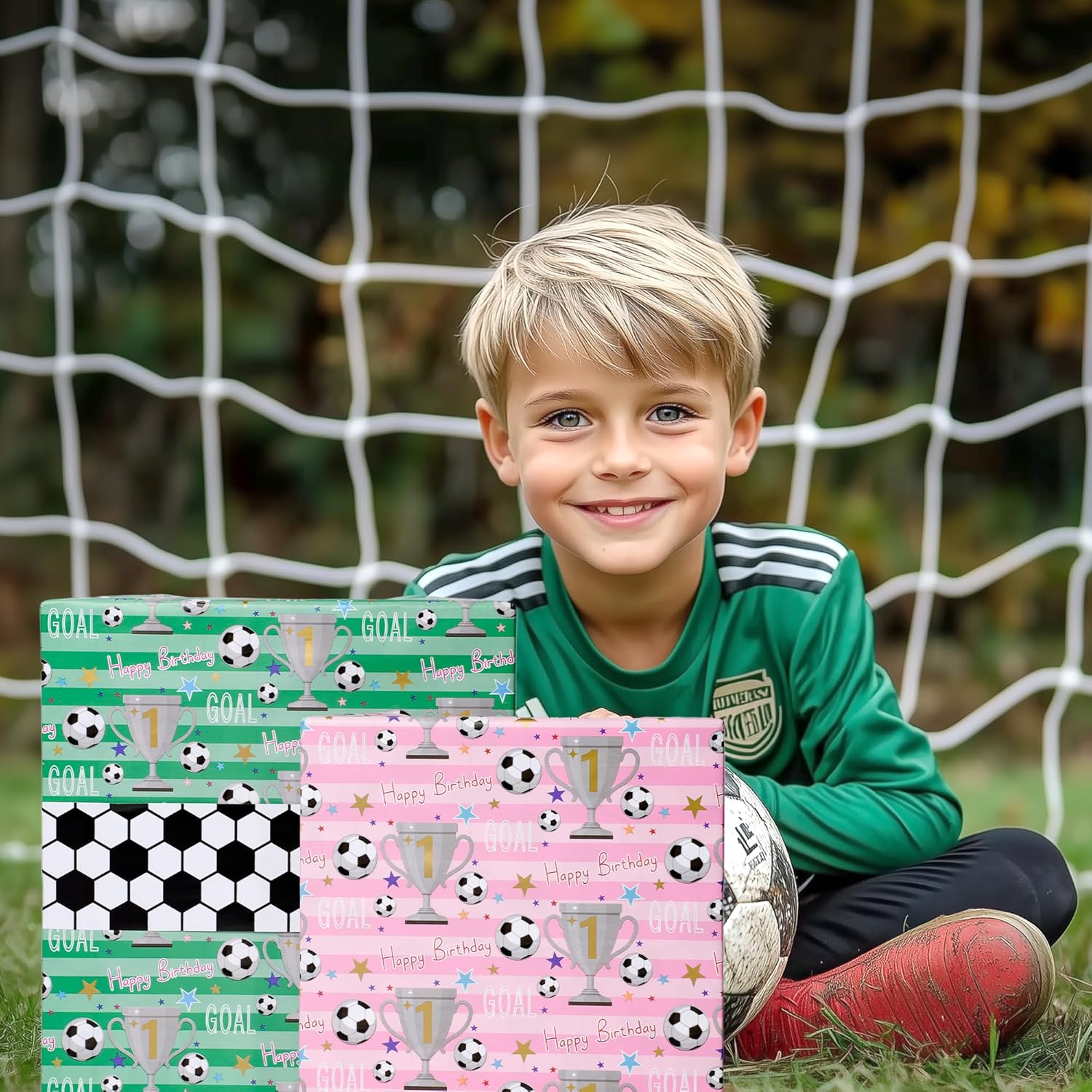 Reversible Soccer Wrapping Paper For Kids Boys - 17 Inch X 33 Ft - Goal & Trophies Design Sports Gift Wrap Paper For Teens Birthday Party Holiday Soccer Fans