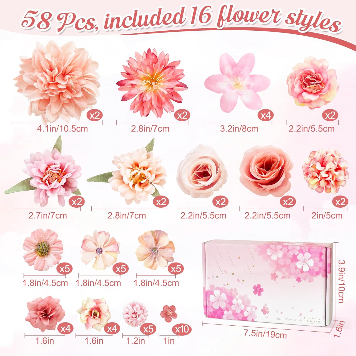 58 Pcs Fake Flowers Heads, Pink Artificial Flowers Bulk Fabric Flowers For Craft, Small Faux Flower Heads Mix For Diy Wedding Bouquets Garland Album Cake Hair And Home Decorations