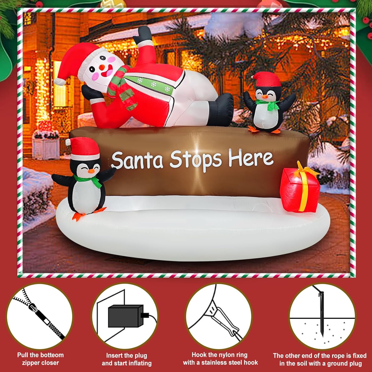 Christmas Inflatable Decotation “Santa Stops Here” Sign With Snowman & Penguins Cute 5.6Ft Holiday Yard Decoration With