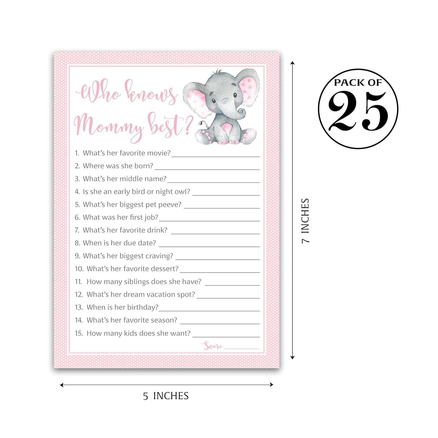 Pink Elephant Baby Shower Games Who Knows Mommy Best - Pack Of 25 - Girl Baby Shower Game, New Parent Couples Coed Funny Guessing Game Shower Activity, Questions Mom-To-Be Polka Dot Sku G500-Wkm