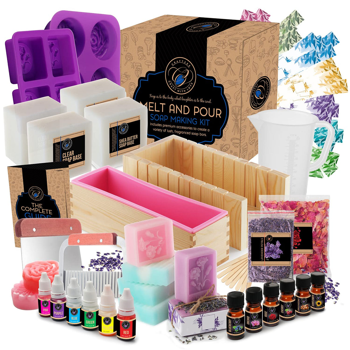 Large ?????????????? Deluxe Soap Making Kit - All-In-One Soap Making Supplies With Soap Base, Soap Cutter Box, Silicone Loaf Molds, Fragrances & More - Homemade Melt & Pour Diy Craft Kits