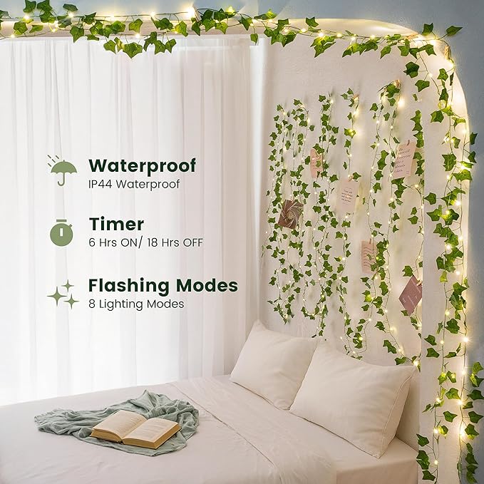 23FT Fake Ivy Vines with Lights 73 LED Artificial Greenery Garland Warm White Fairy Lights USB/Battery Operated for Bedroom Wall Balcony Wedding Decor