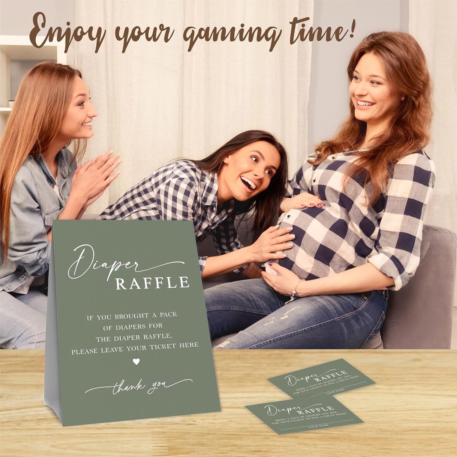 Baby Shower Diaper Raffle Game Set, Calligraphy Green Theme 1 Standing Sign & 50 Raffle Tickets, Baby Shower Game Kit, Gender Reveal Party Supplies - A15