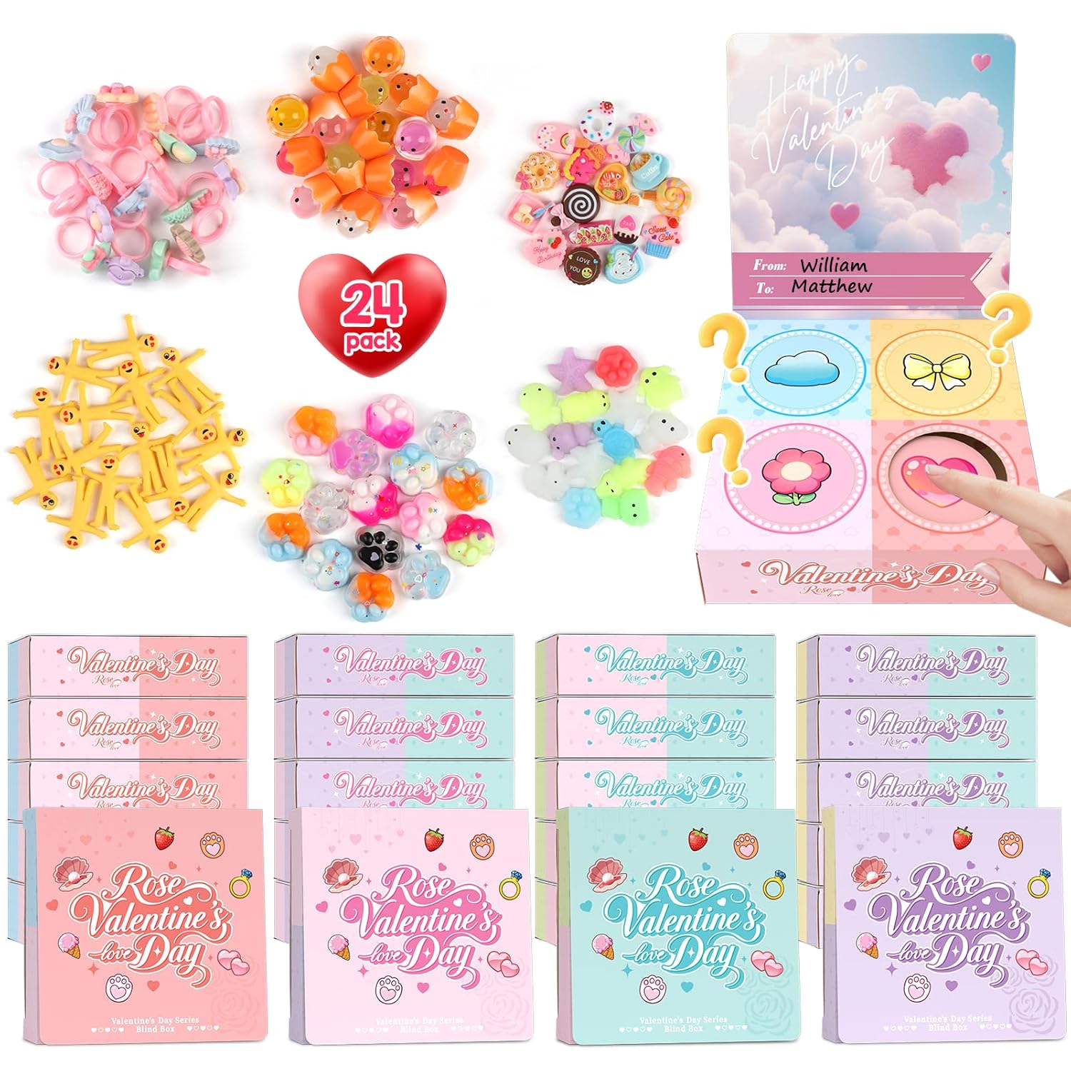 Valentine’S Day Gifts For Kids: 24 Pack Unique 4-In-1 Blind Box Sets Valentines Gift Card With Mochi Squishy Toys, Mini Kawaii Little Items For Girls Boys Classroom School Exchange Prize Party Favors
