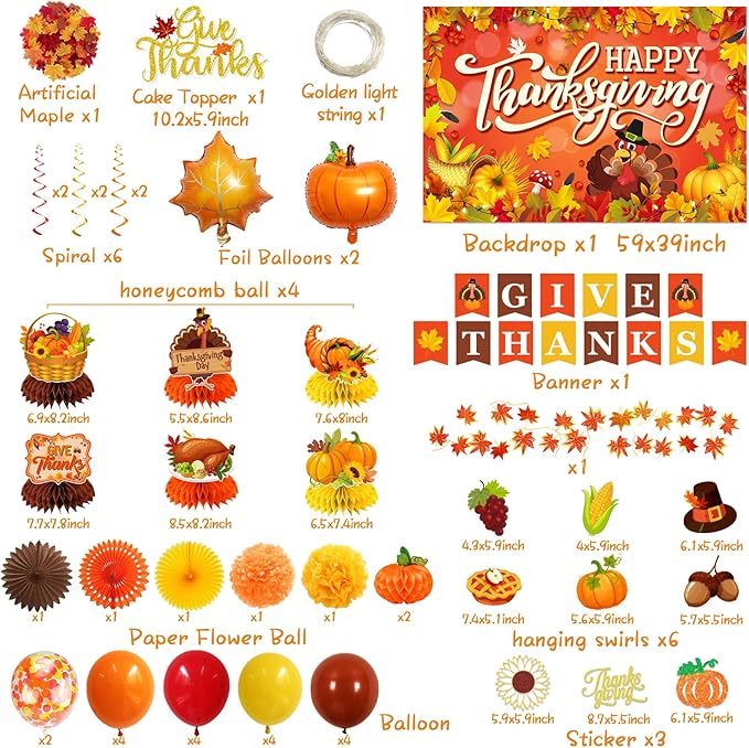 Thanksgiving Party Decorations Banner Orange Balloons Hanging Swirls Honeycomb Centerpieces