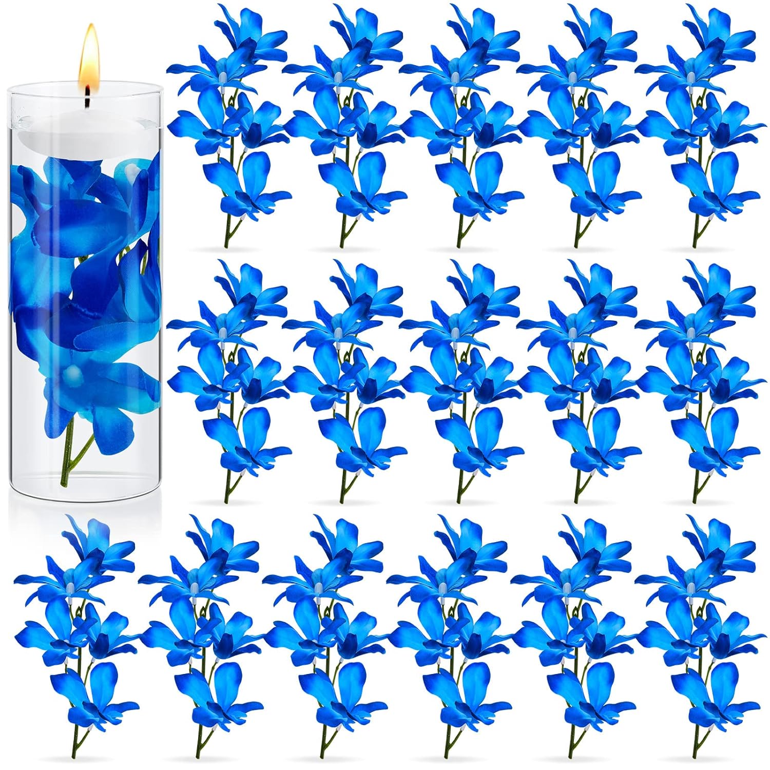 24 Pieces Orchid Faux Flowers Floating Candles Centerpiece Wedding Table Centerpieces Vase Fillers Filling For Wedding Birthday Party Table Decorations (Sky Blue)