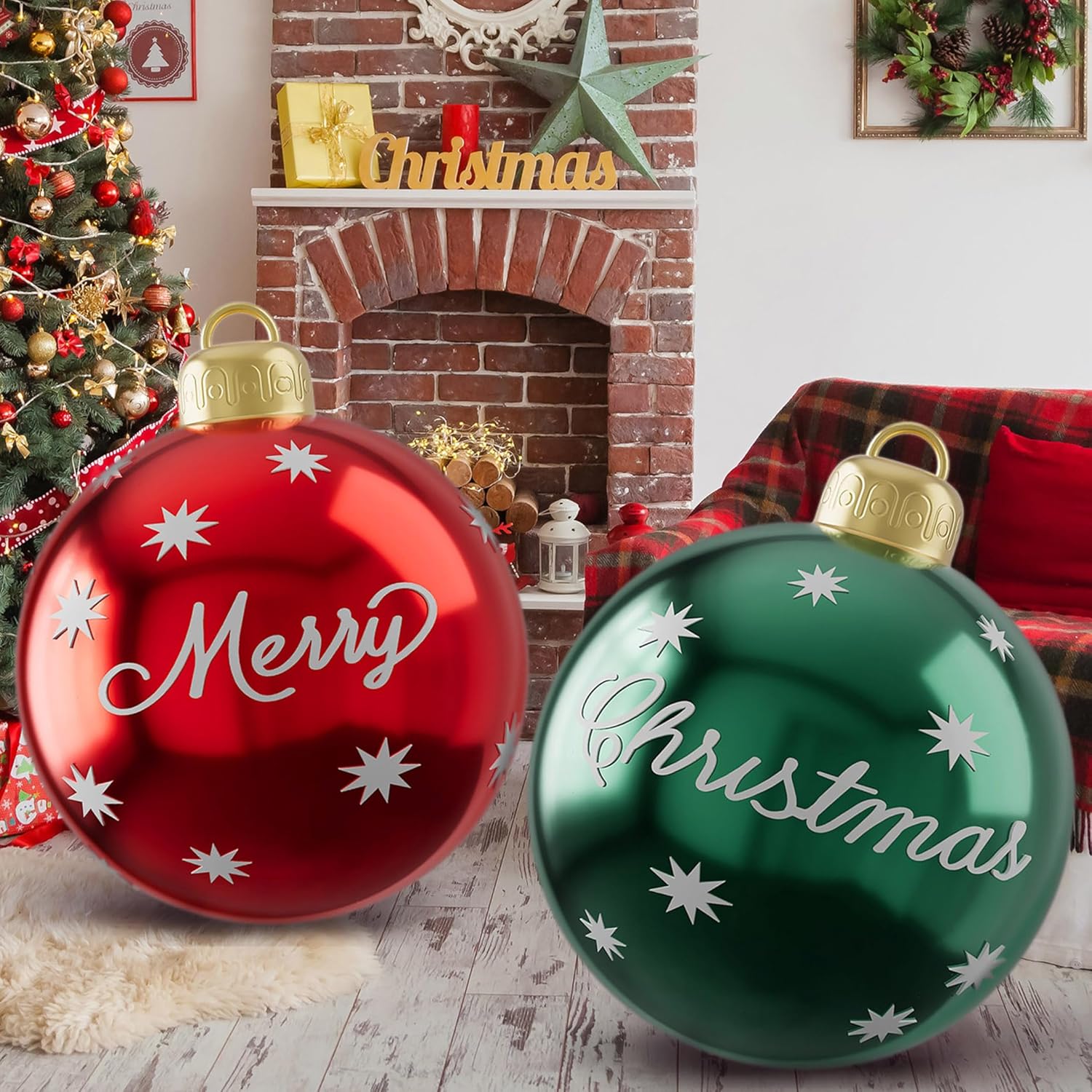 2Pcs 24 Inch Inflatable Christmas Ball Giant Pvc Xmas Inflatable Decorated Balls, Outdoor Inflatables Ornaments Christma