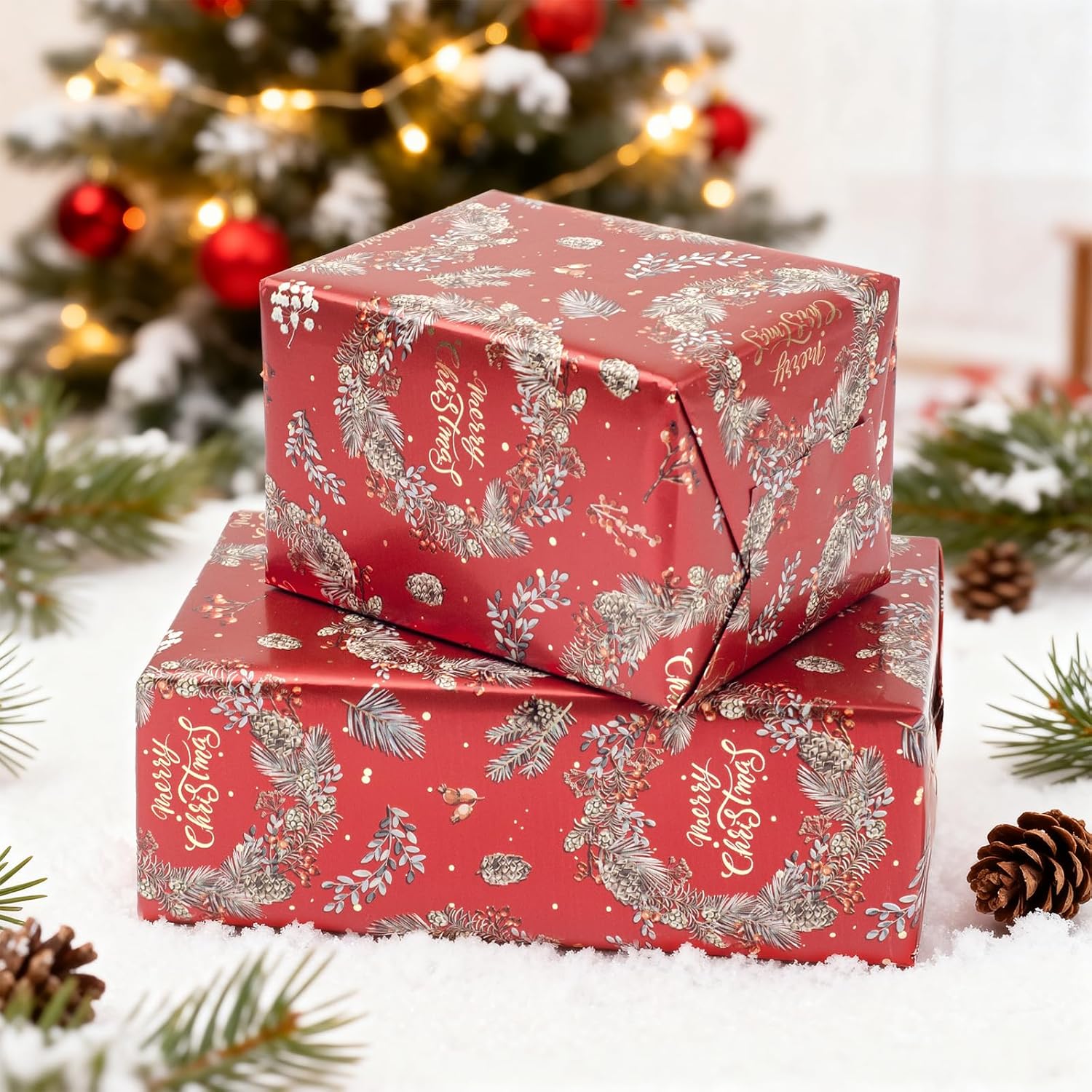 Mini Christmas Wrapping Paper Roll (17 Inches X 32.8 Feet) - Pinecones On Red With Metallic Shine For Small/Medium Gifts, Xmas Party