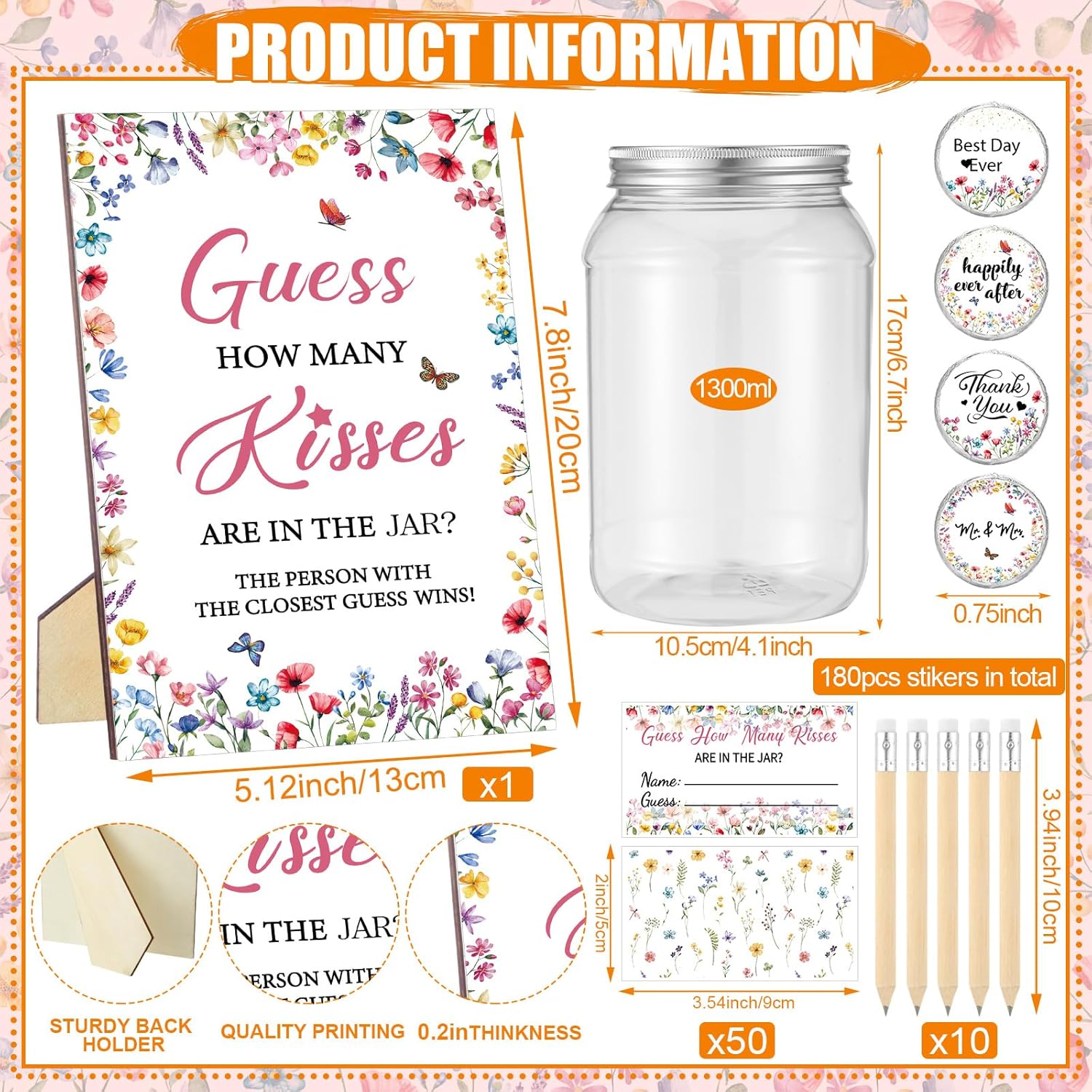 242 Pcs Guess How Many Kisses Bridal Shower Games 1 Standing Sign 50 Guessing Cards 180 Wildflower Kisses Stickers 10 Pencils 1 Jar For Bridal Shower And Weddings