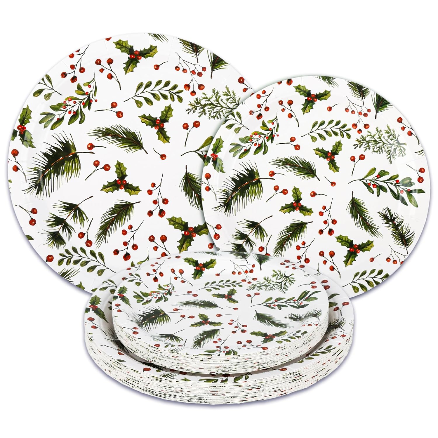 48Pcs Christmas Paper Plates Holly Berries Disposable Party Plates Festive Red Green Holiday Dinnerware Merry Christmas Winter Round Plates For New Year Gatherings Party Table Supplies