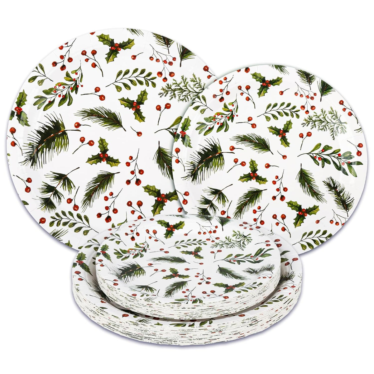 48Pcs Christmas Paper Plates Holly Berries Disposable Party Plates Festive Red Green Holiday Dinnerware Merry Christmas Winter Round Plates For New Year Gatherings Party Table Supplies