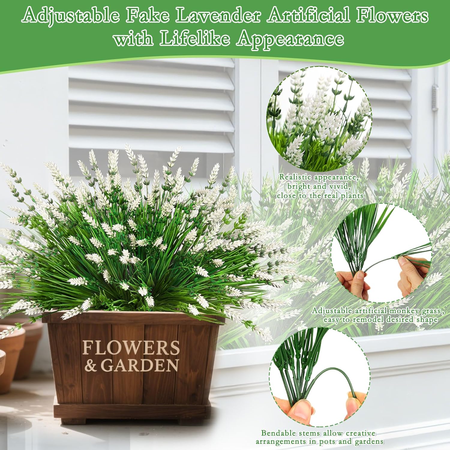 32 Bundles Artificial Lavender Plants Outdoor - Faux Lavender With Monkey Grass Uv Resistant Fake Flowers For Garden Patio Window Hanging Baskets Decor Planter Pathway Front Porch(White)