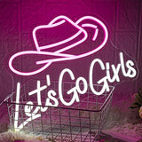 Let’s Go Girls Neon Sign Pink White Cowboy Hat LED Wall Light Dimmable USB Decor for Bedroom Bar
