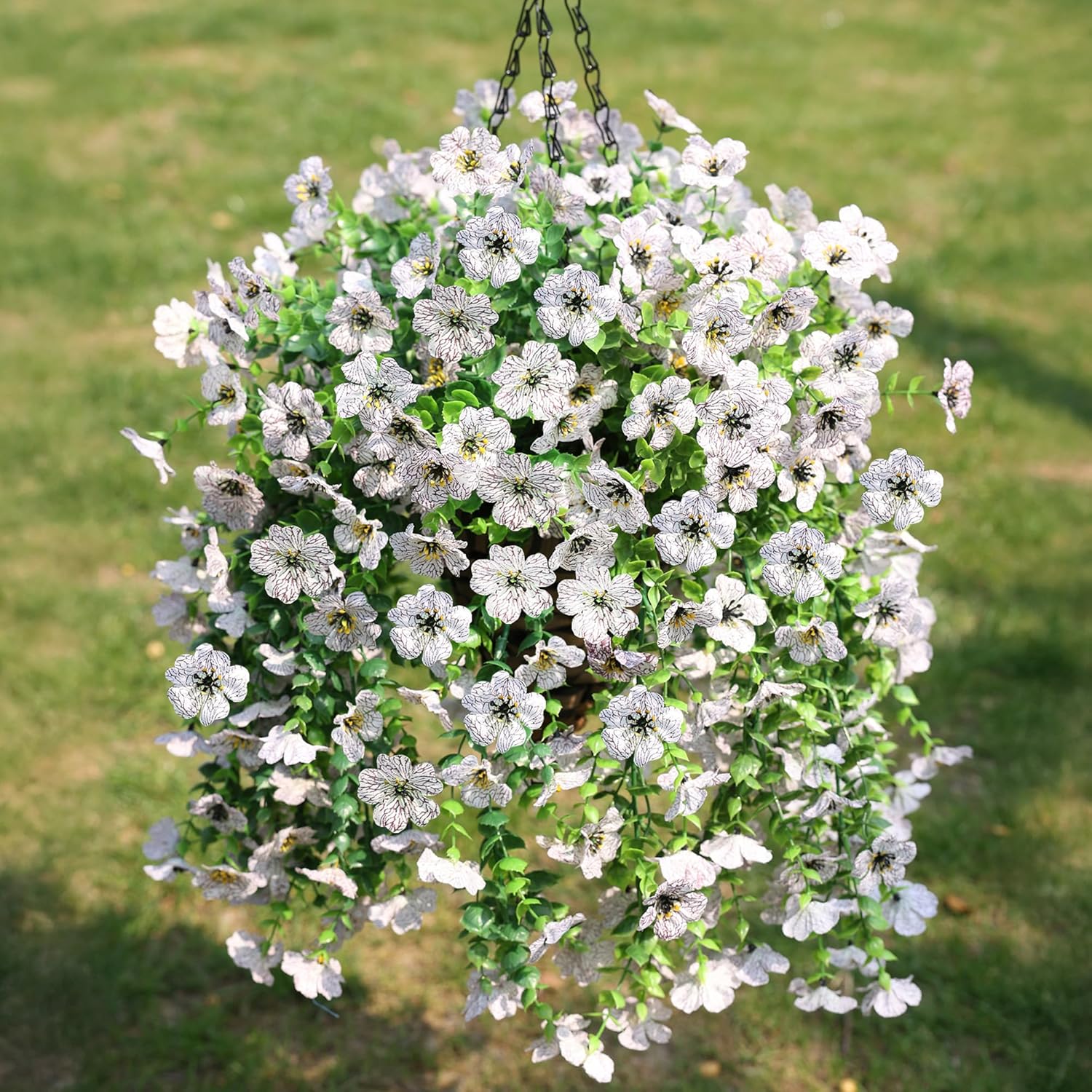 Artificial Hanging Flowers Basket For Outdoor, Fake Flowers Faux Plants Look Real For Yard Gardens Porch Patio Home (White)