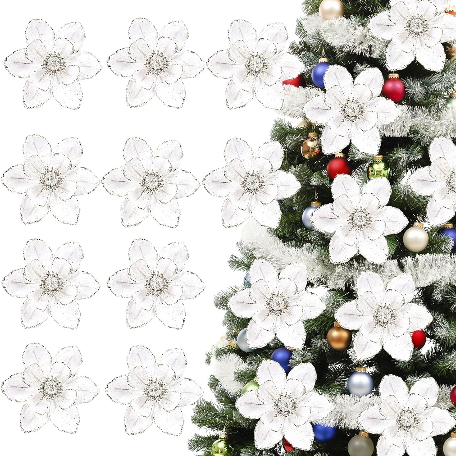 10Pcs Christmas Magnolia Flowers White Silver Artificial Flowers For Holiday Party Home Vase Decoration Glitter Velvet Magnolia Stems For Christmas Tree Wreath Decor