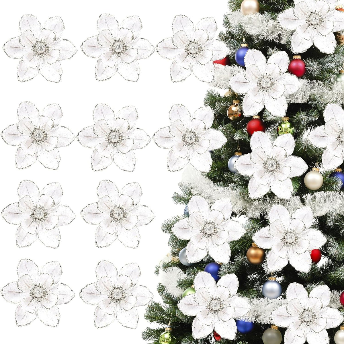 10Pcs Christmas Magnolia Flowers White Silver Artificial Flowers For Holiday Party Home Vase Decoration Glitter Velvet Magnolia Stems For Christmas Tree Wreath Decor