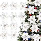 10Pcs Christmas Magnolia Flowers White Silver Artificial Flowers For Holiday Party Home Vase Decoration Glitter Velvet Magnolia Stems For Christmas Tree Wreath Decor