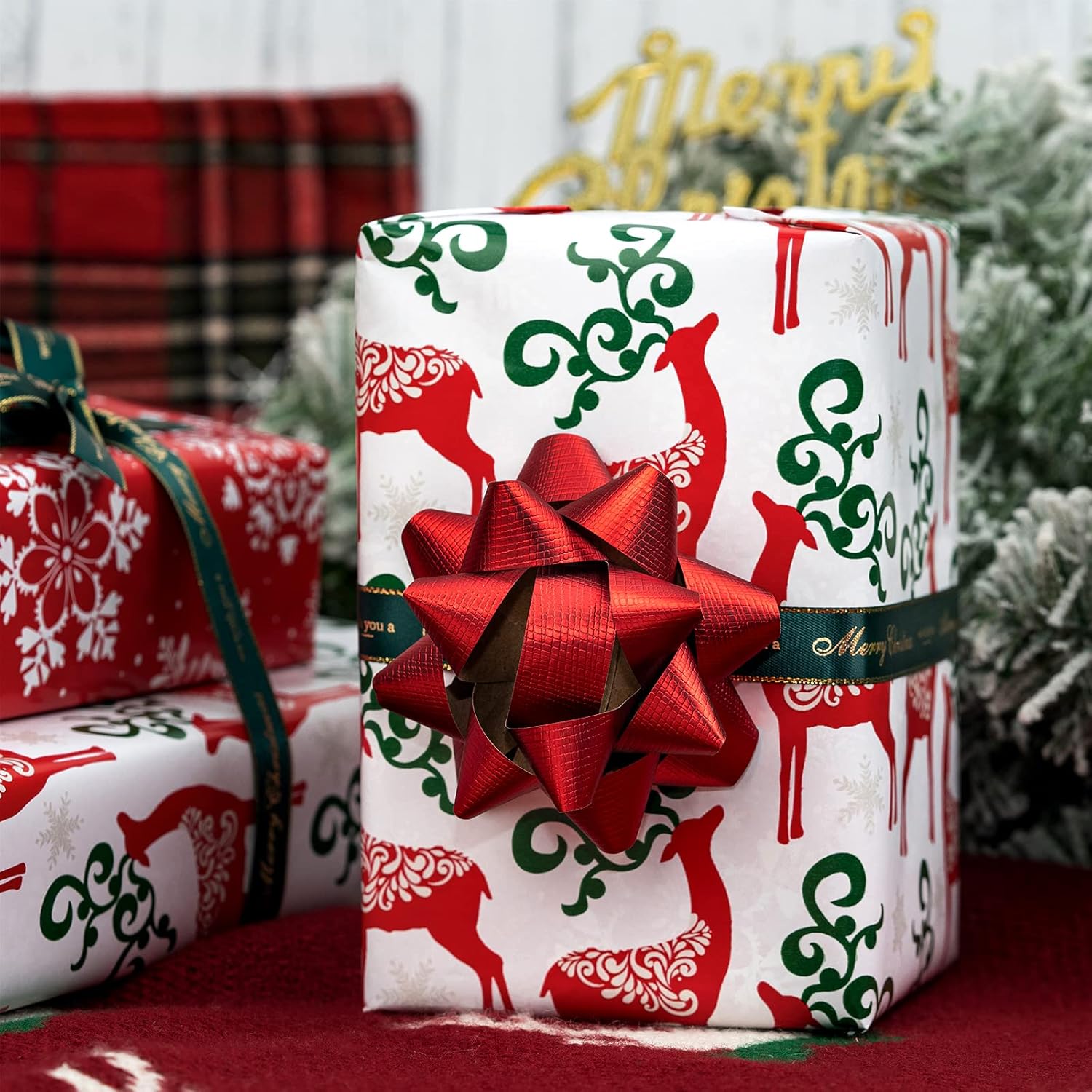 Christmas Reversible Wrapping Paper - Mini Roll - 17 Inch X 32.8 Feet- Red Green Reindeer Design (47.3 Sq.Ft.Ttl)