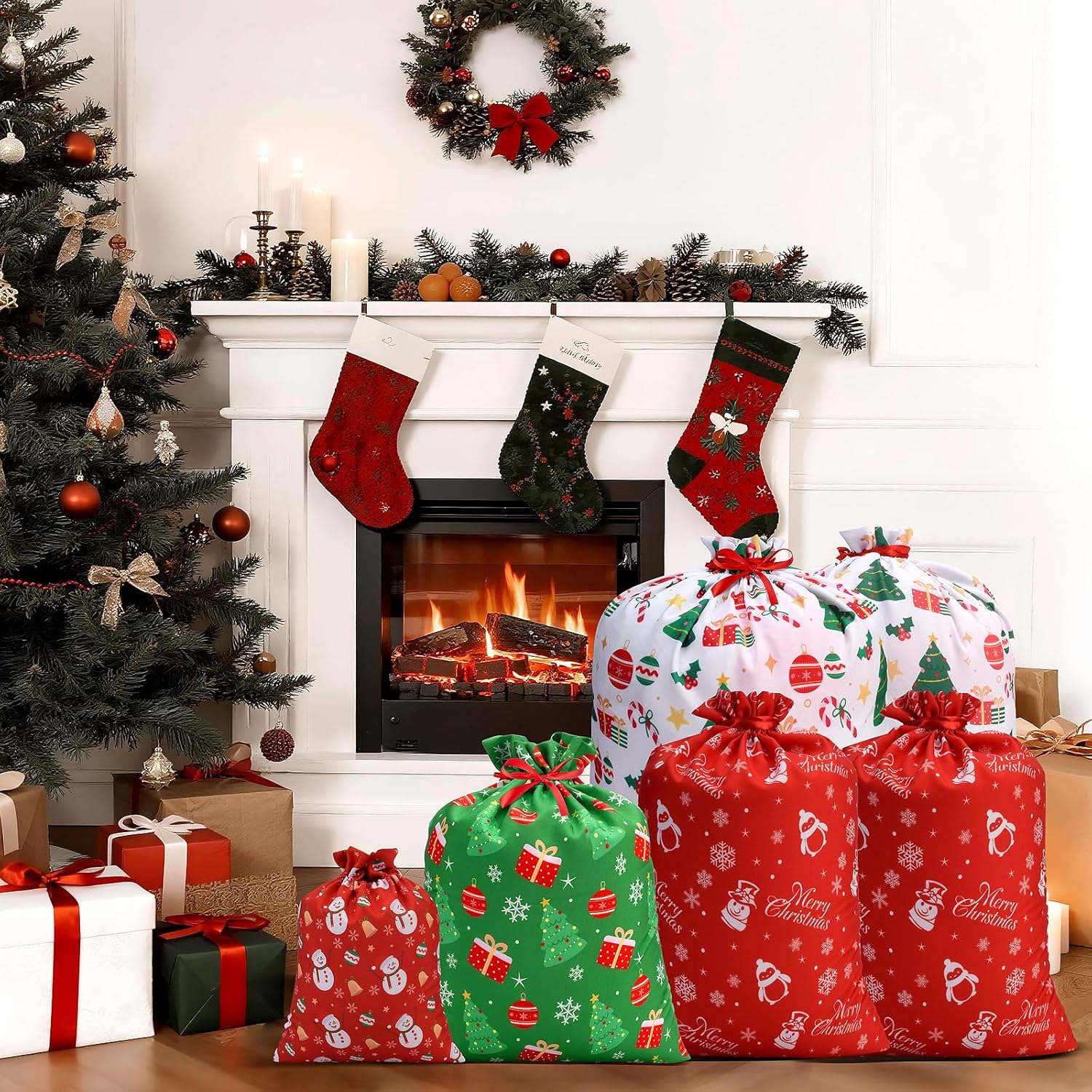 Christmas Drawstring Gift Bags, Assorted Reusable Fabric Gift Wrapping Bags For Gifts Xmas Party Holiday Favors(12 Pcs, 4 Sizes)