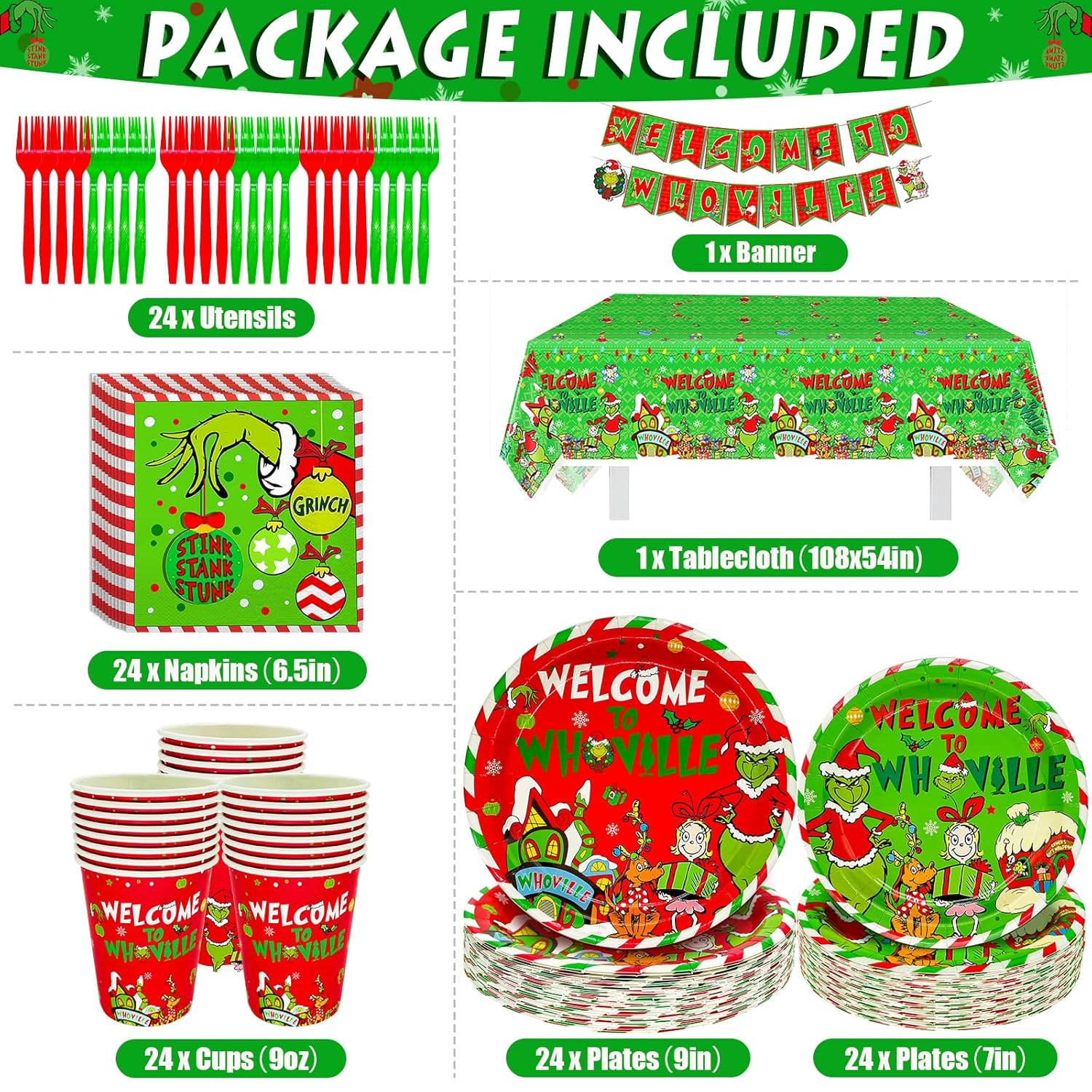 203Pcs Whoville Christmas Decorations Welcome To Whoville Banner Paper Plates Green Table Cloth Green Napkins Forks For Christmas Party Supplies